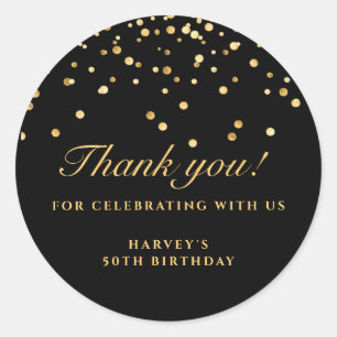 Black & Gold Confetti Birthday Sticker, Thank You  Classic Round Sticker