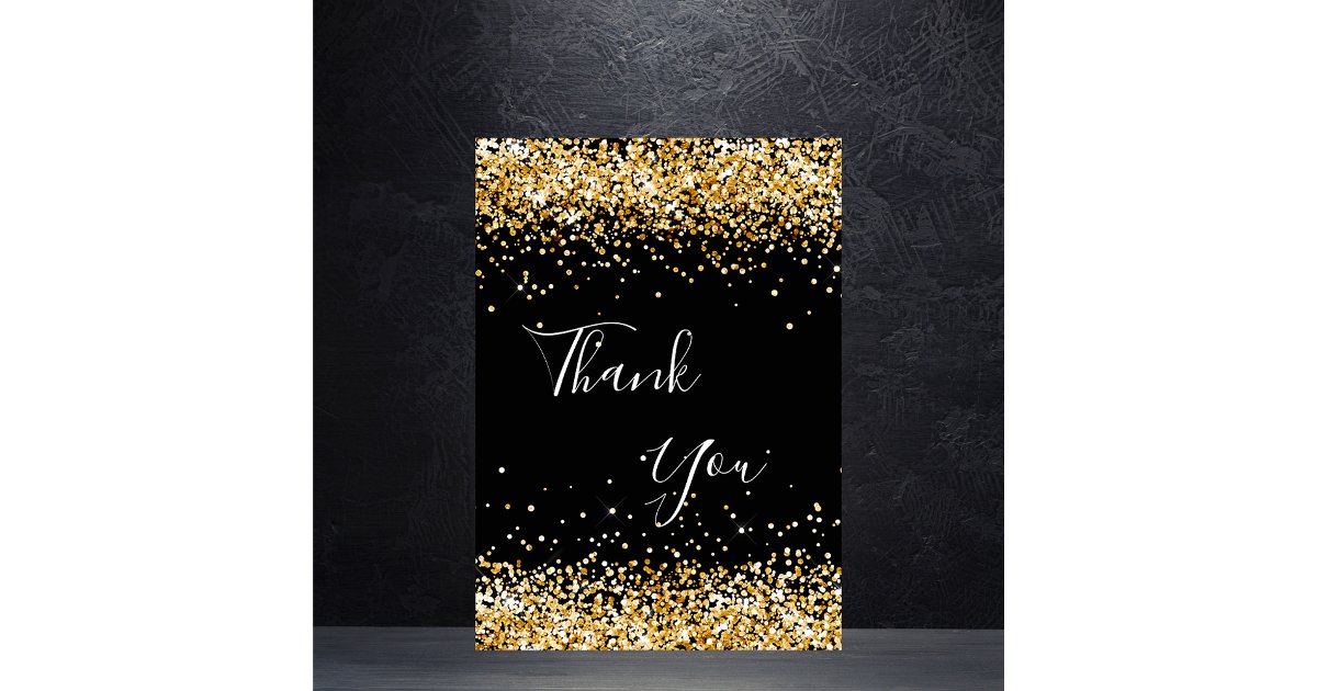 Black gold confetti birthday thank you card | Zazzle