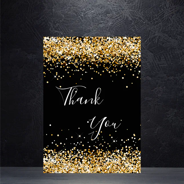 Black gold confetti birthday thank you card | Zazzle