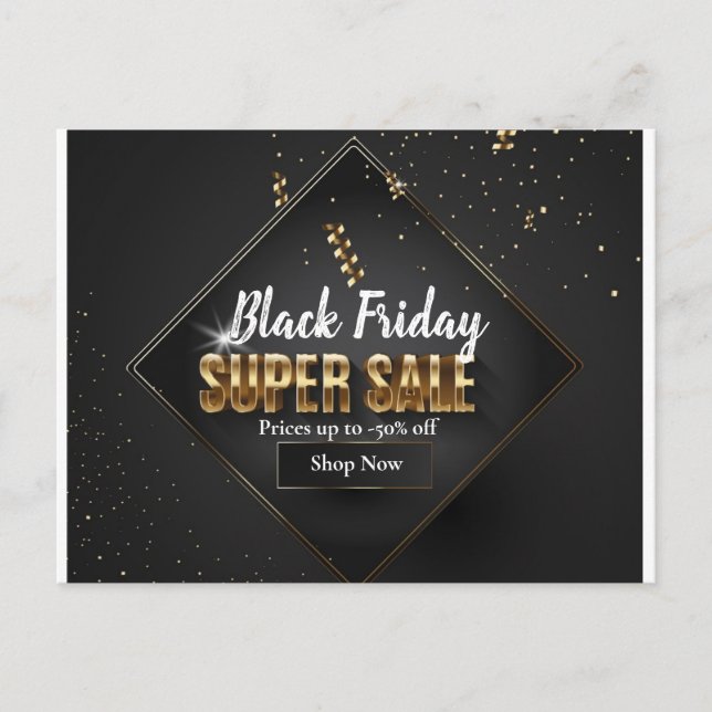 Black & Gold Confetti Black Friday Super Sale Postcard (Front)