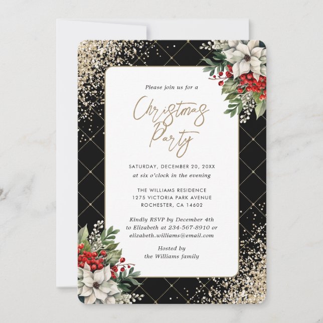 Black Gold Confetti Botanical Christmas Party Invitation (Front)