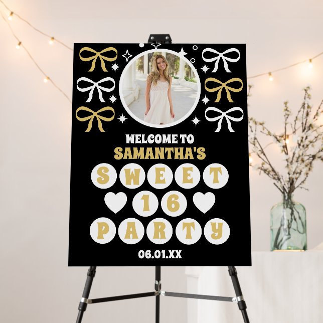 Black Gold Confetti Bow Photo Sweet 16 Welcome Foam Board (In Situ (Stand))