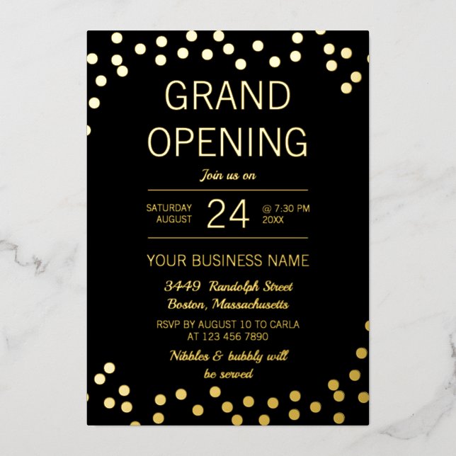 Black & Gold Confetti Business Grand Opening Foil Invitation (Front)