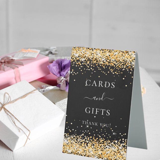 Black gold confetti cards gift table tent (Creator Uploaded)