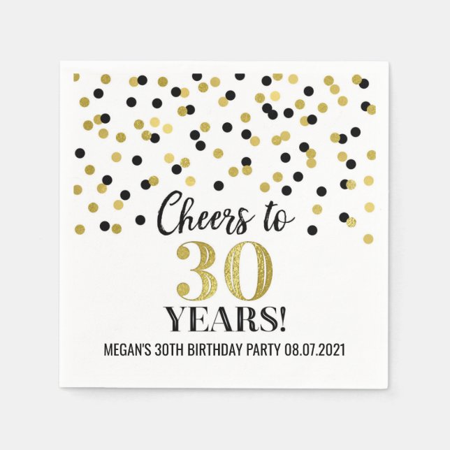Black Gold Confetti Cheers to 30 Years Birthday Napkins (Front)