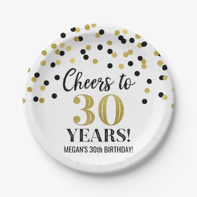 Black Gold Confetti Cheers to 30 Years Birthday Paper Plates (Front)