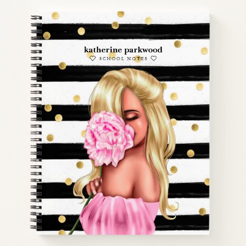 Black Gold Confetti Dots Blonde Girl Pink Floral Notebook