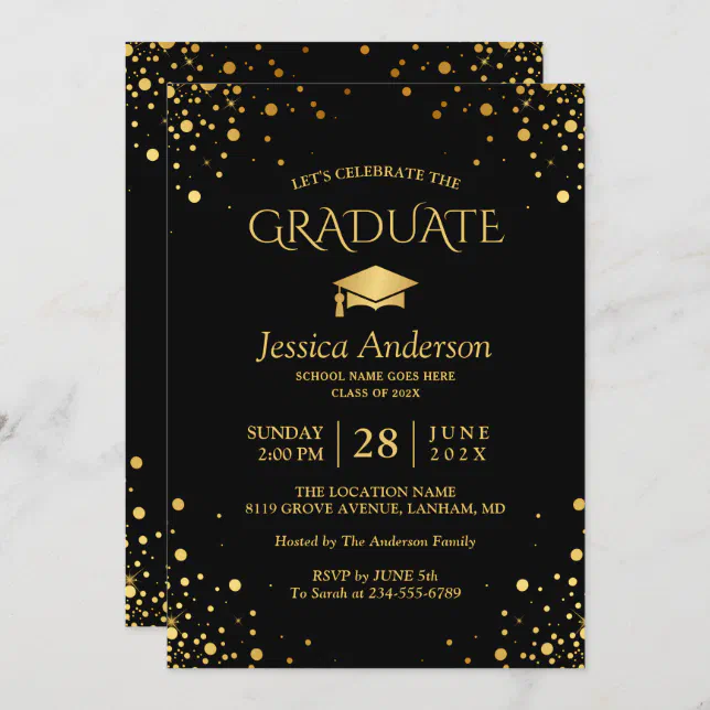 Black Gold Confetti Dots Graduate Graduation Party Invitation | Zazzle