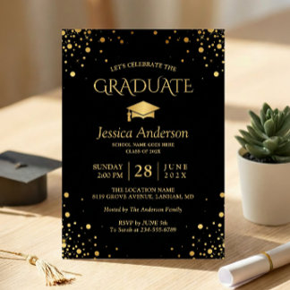 Black Gold Confetti Dots Graduate Graduation Party Invitation