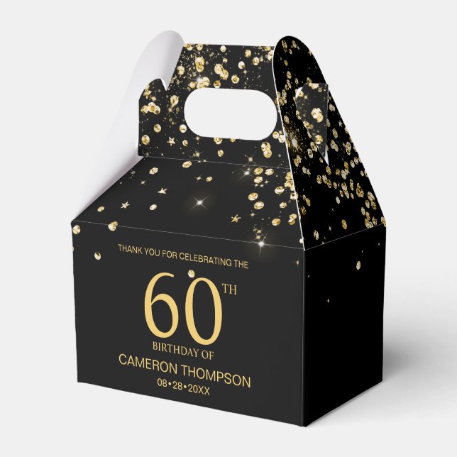 Black Gold Confetti  Elegant custom 60th birthday Favor Boxes (Front Side)