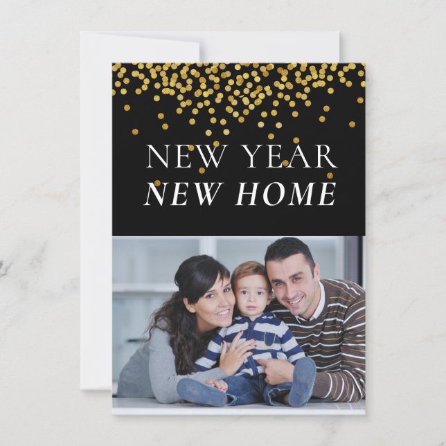 Black Gold confetti family photo New Year New Home Holiday Card (Front)