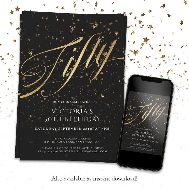 Black Gold Confetti Fifty 50th Birthday Party Invitation (Creator Uploaded)