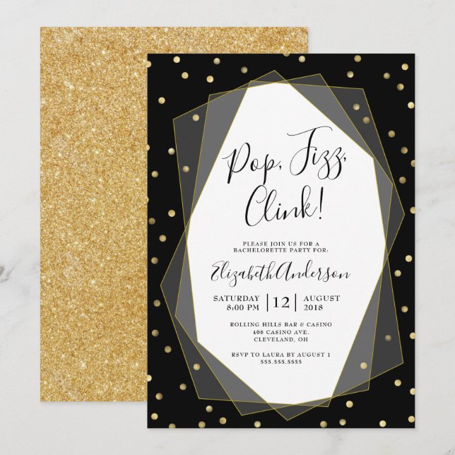 Black Gold Confetti Geometric Bachelorette Party Invitation (Front/Back)