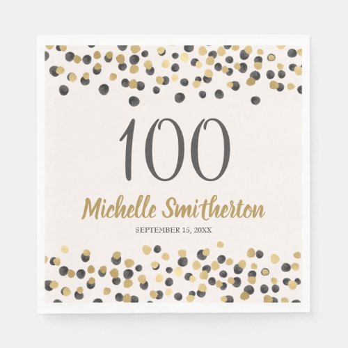 Black Gold Confetti Glitter 100th Birthday Napkins