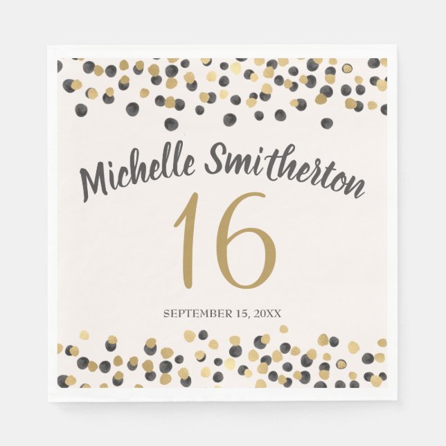 Black Gold Confetti Glitter 16th Birthday Napkins (Front)
