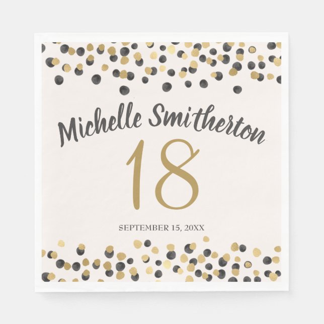 Black Gold Confetti Glitter 18th Birthday Napkins (Front)