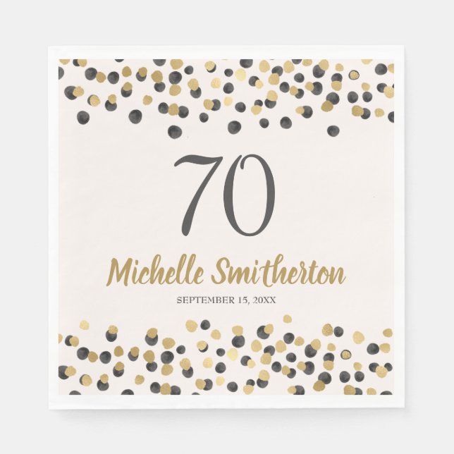 Black Gold Confetti Glitter 70th Birthday Napkins (Front)