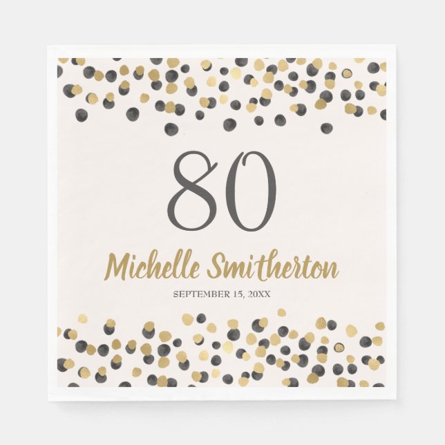 Black Gold Confetti Glitter 80th Birthday Napkins (Front)