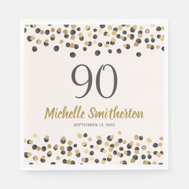 Black Gold Confetti Glitter 90th Birthday Napkins (Front)
