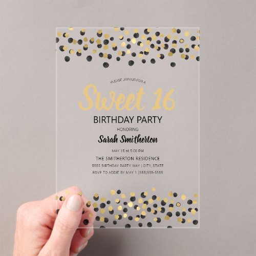 Black Gold Confetti Glitter Sweet 16 Acrylic Invitations