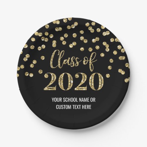 Black Gold Confetti Graduation 2020 Paper Plates