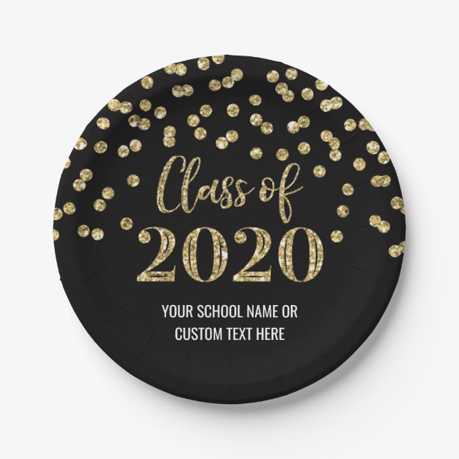 Black Gold Confetti Graduation 2020 Paper Plates (Front)