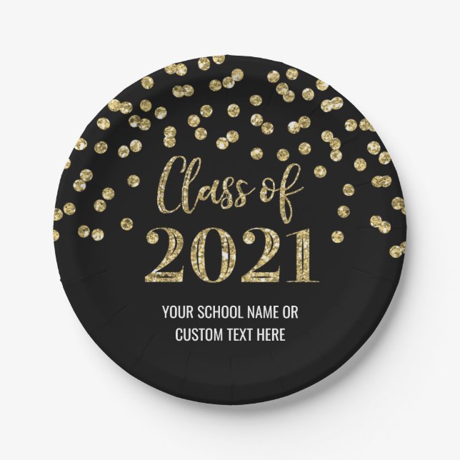 Black Gold Confetti Graduation 2021 Paper Plates (Front)