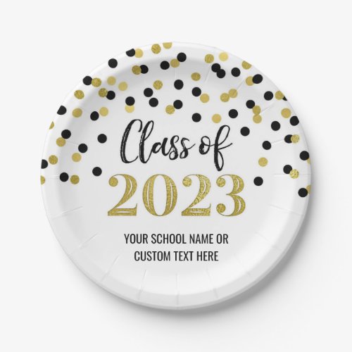 Black Gold Confetti Graduation 2023 Paper Plates