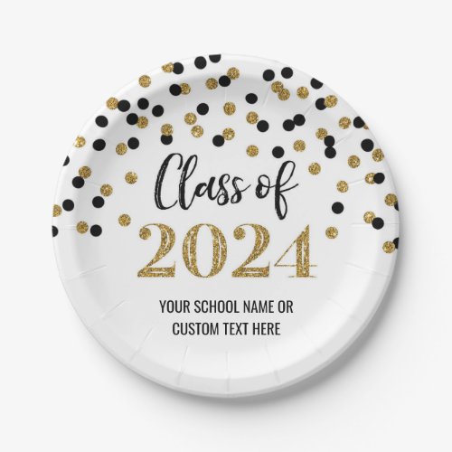 Black Gold Confetti Graduation 2024 Paper Plates
