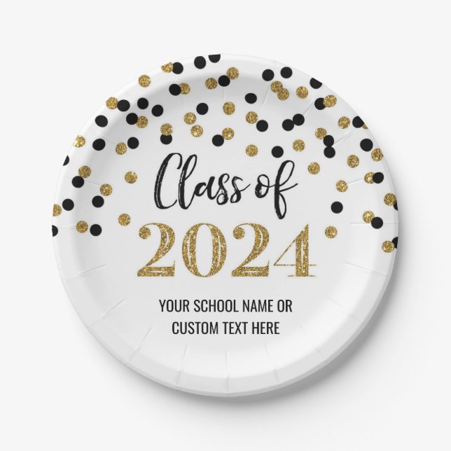 Black Gold Confetti Graduation 2024 Paper Plates (Front)