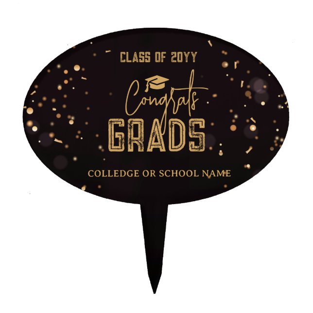 Black Gold Confetti Graduation 2025 Personalized Cake Topper (Front)