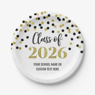 Black Gold Confetti Graduation 2026 Paper Plates