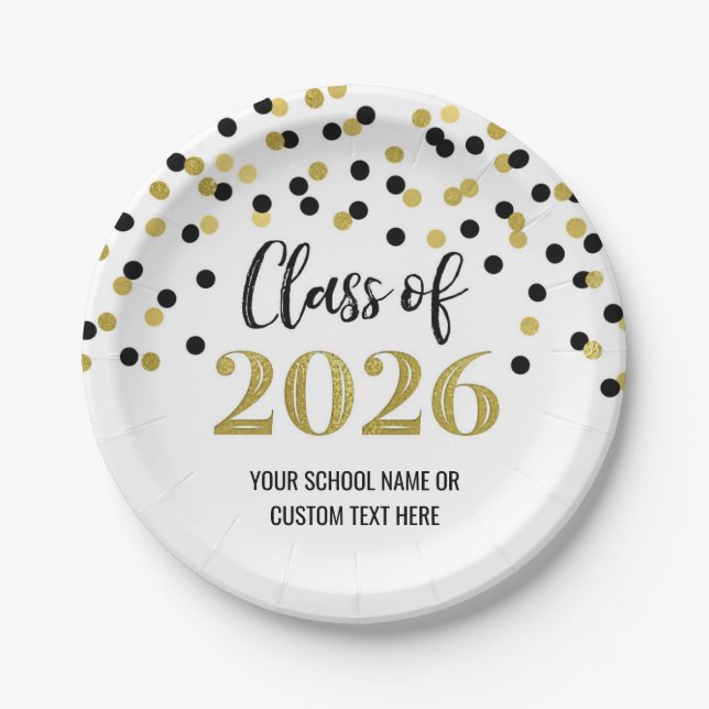 Black Gold Confetti Graduation 2026 Paper Plates (Front)