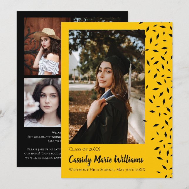 Black Gold Confetti Graduation Announcement (Front/Back)