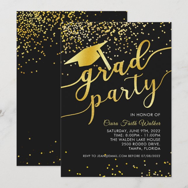 Black Gold Confetti Graduation Party Invitation  (Front/Back)