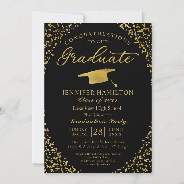 Black Gold Confetti Graduation Party Invitation (Front)