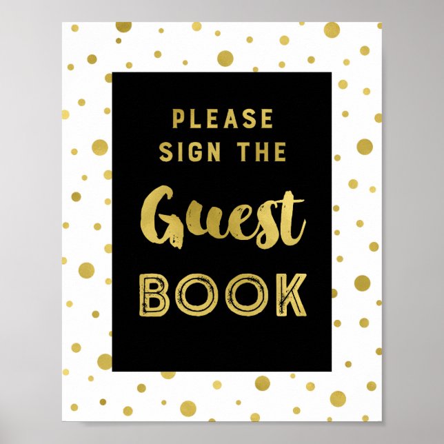 Black Gold Confetti Guest Book Wedding Sign (Front)