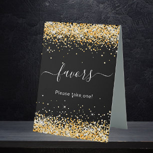 Black gold confetti guest favors table tent