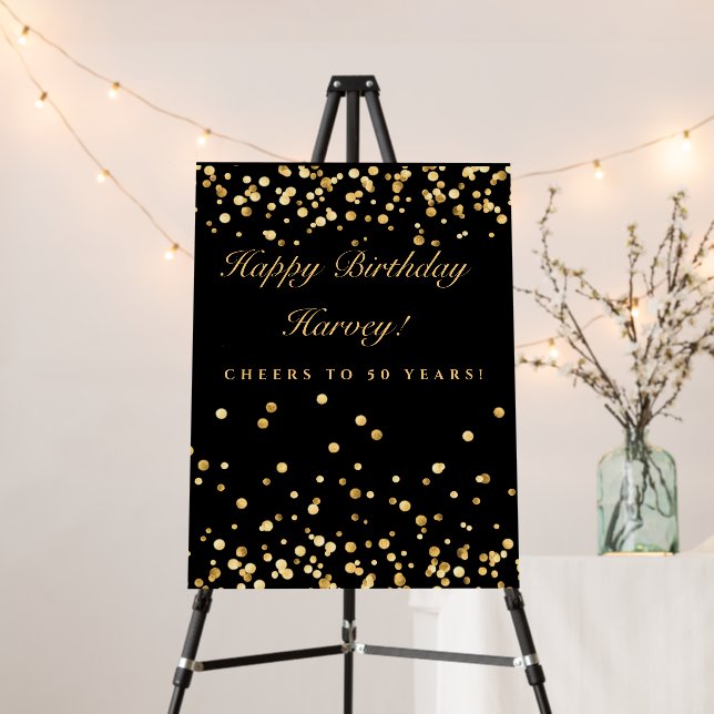 Black & Gold Confetti Happy Birthday Foam Board (In Situ (Stand))