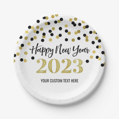 Black Gold Confetti Happy New Year 2023 Paper Plates