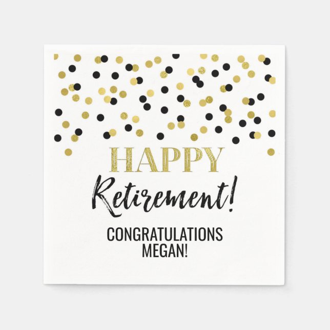 Black Gold Confetti Happy Retirement Napkins (Front)