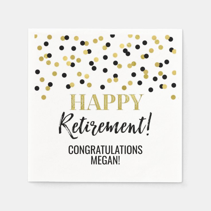 Black Gold Confetti Happy Retirement Napkins | Zazzle