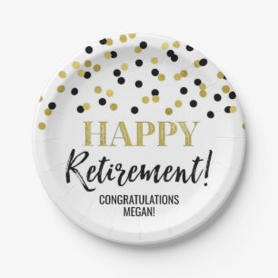 Black Gold Confetti Happy Retirement Paper Plates