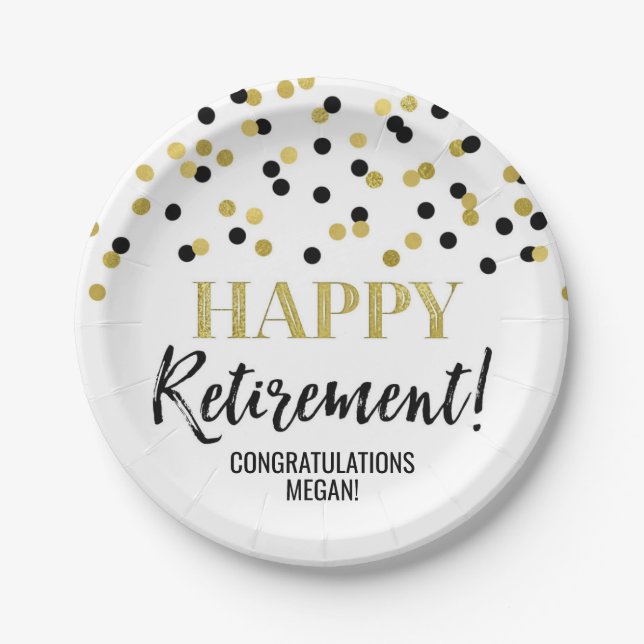 Black Gold Confetti Happy Retirement Paper Plates (Front)