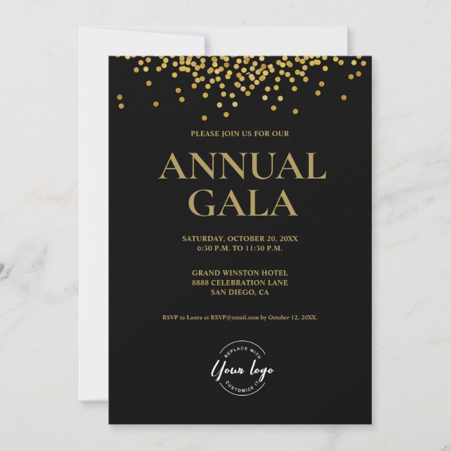 Black Gold confetti logo Gala corporate Elegant Invitation (Front)