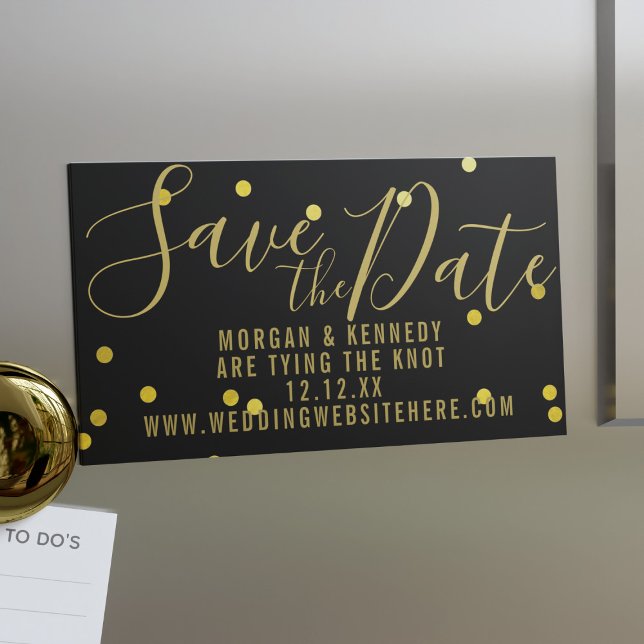 Black Gold Confetti Magnetic Save The Date Magnet (A black and gold confetti style Save the Date magnet with space for your wedding details)
