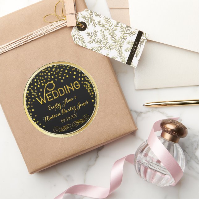 Black & Gold Confetti Modern Wedding Classic Round Sticker (Gifting)