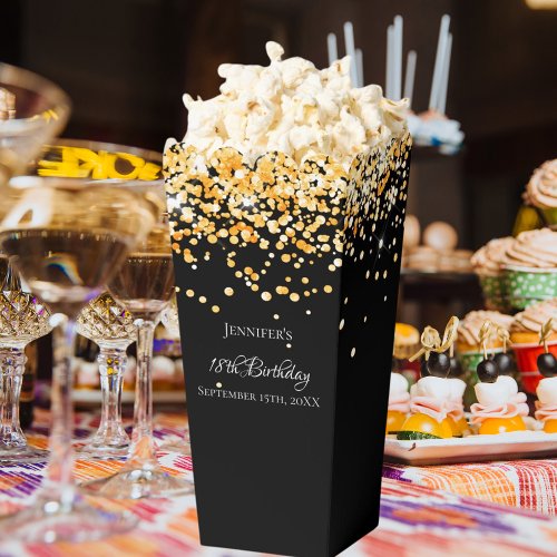 Black gold confetti name birthday favor boxes