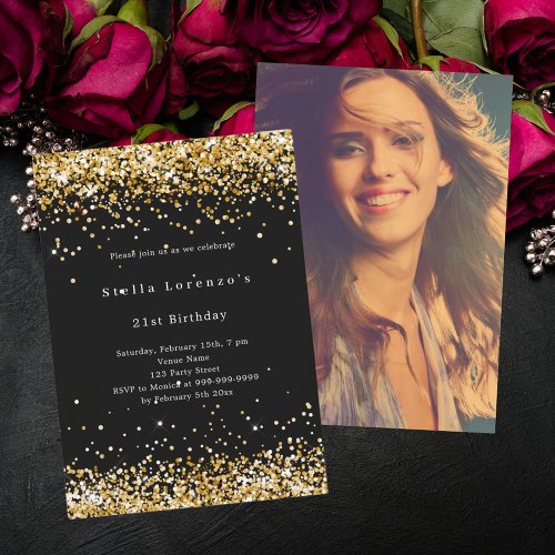 Black gold confetti photo birthday invitation