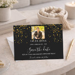 Black gold confetti photo birthday save the date<br><div class="desc">A Save the Date card for a 50th (or any age) birthday party. A black background. Decorated with golden confetti. The text: Save the Date is written with a large trendy hand lettered style script. Personalize and add a photo.</div>